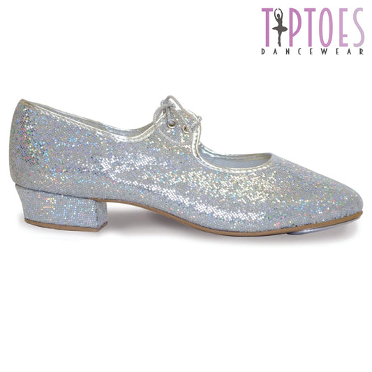 Tiptoes Girls Silver Hologram Tap Dancing Dance Shoes (with Toe and Heel Taps)